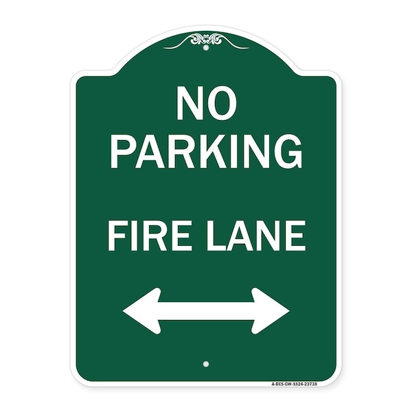 Signmission No Parking Fire Lane W/ Bidirectional Arrow, Green & White Aluminum Sign, 18" x 24", GW-1824-23738 A-DES-GW-1824-23738 - main